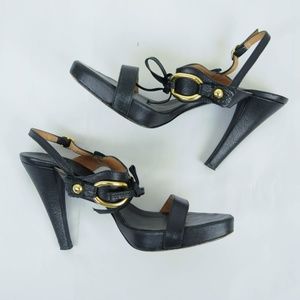 Max Mara Sandals Heels Black Leather Gold Buckle
